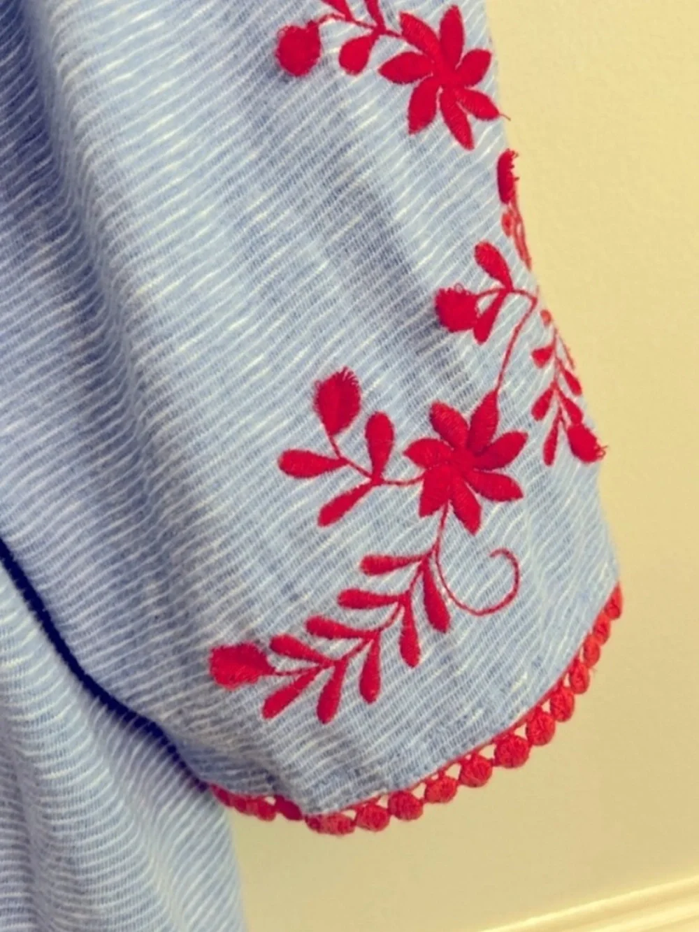 Talbots Light Blue White Striped Blouse with Coral Floral Embroidery Size Large - Picture 6 of 9